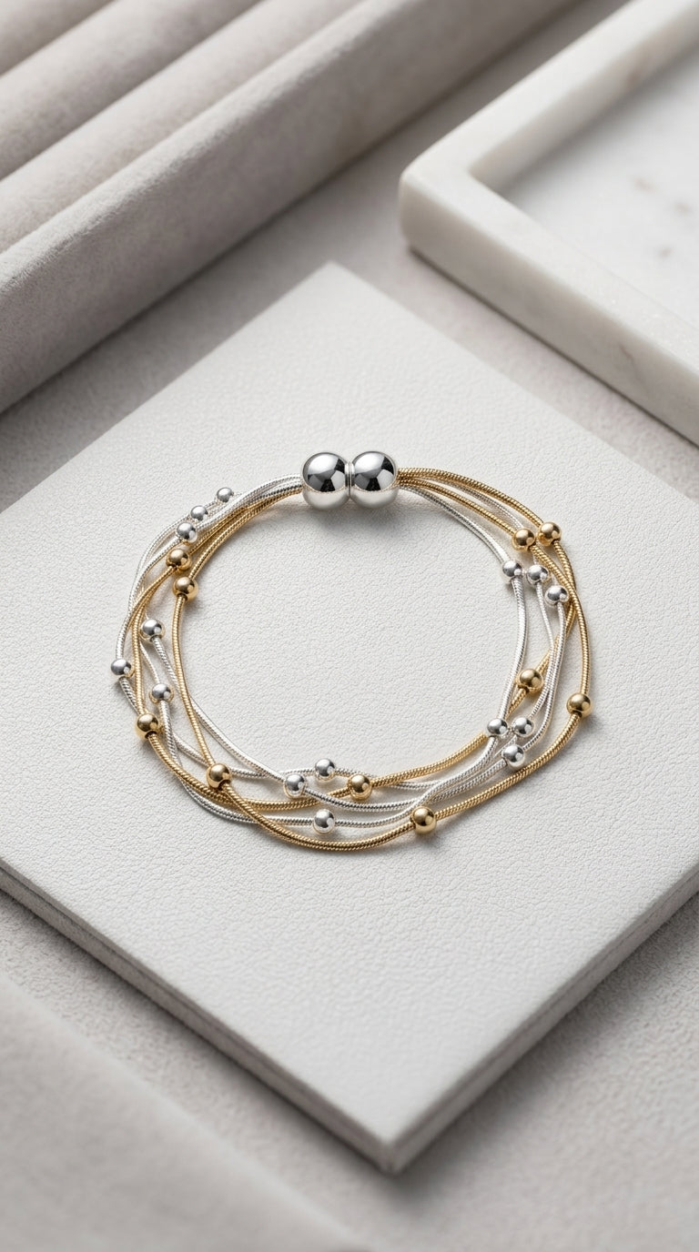Gold and silver bracelet on a light gray surface with magnetic closure