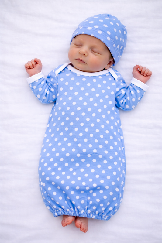Newborn baby wrapped in a blue polka dot swaddle and bonnet on a white background