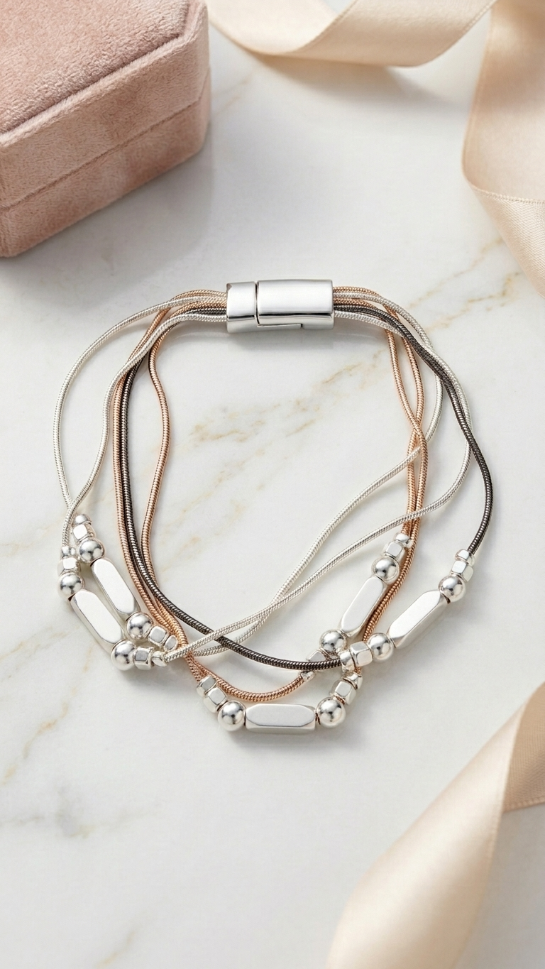 Multistrand bracelet with metallic beads and magnetic closure on a marble surface