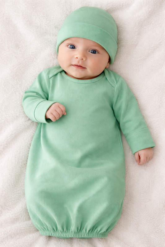 Baby in a green outfit and hat lying on a white blanket