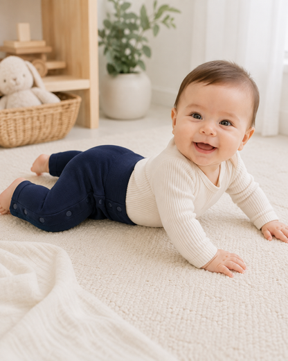 A baby crawling on a cream textured rug in a bright nursery, wearing a cream ribbed long-sleeve top and navy blue baby dysplasia pants.