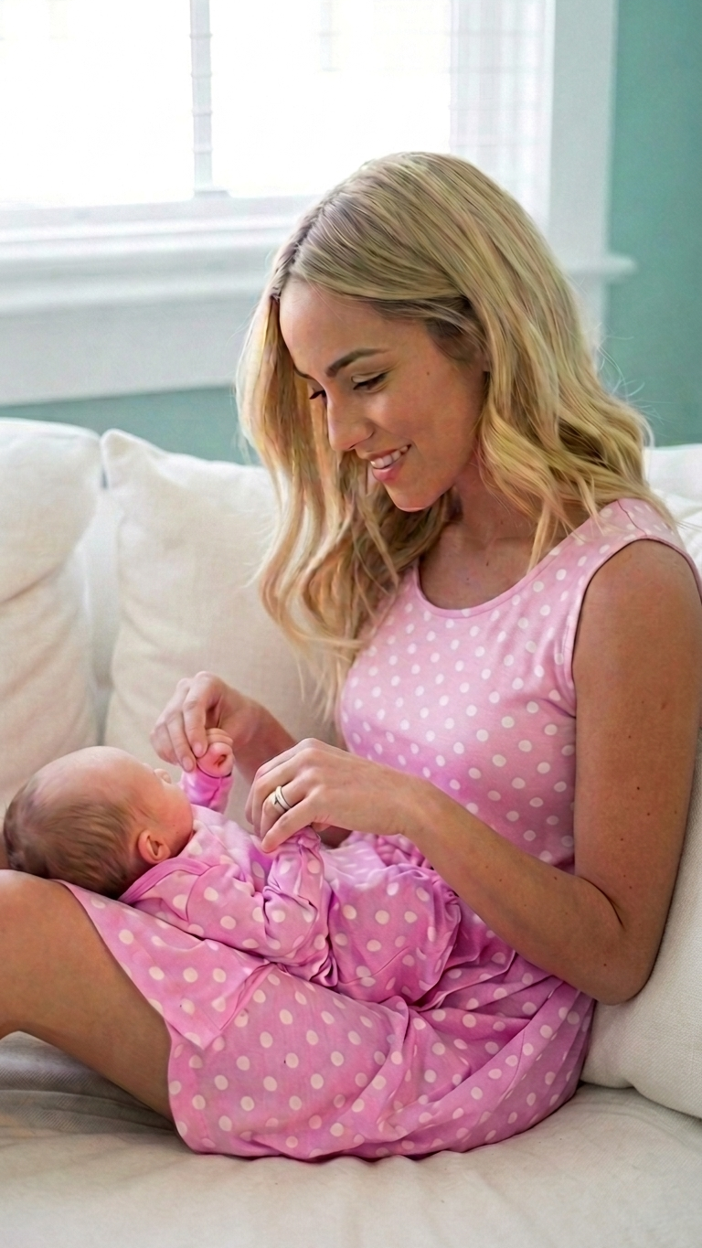 Woman in pink polka dot hospital gown holding a baby on a couch