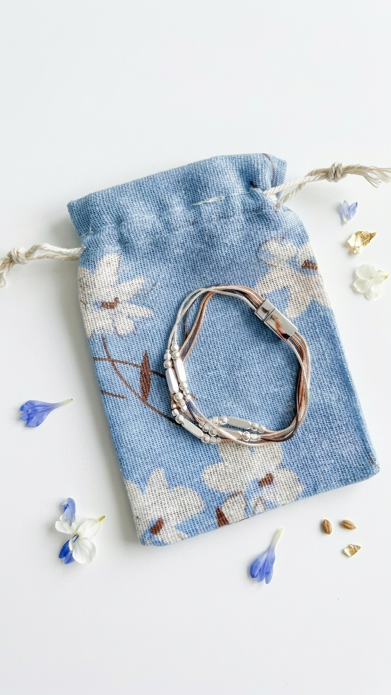 Beaded bracelet on a floral drawstring gift bag with small flowers around