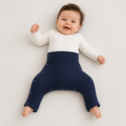 A baby lying on their back wearing a white ribbed long-sleeve top and navy blue hip dysplasia pants with snap closures, set against a light gray background.