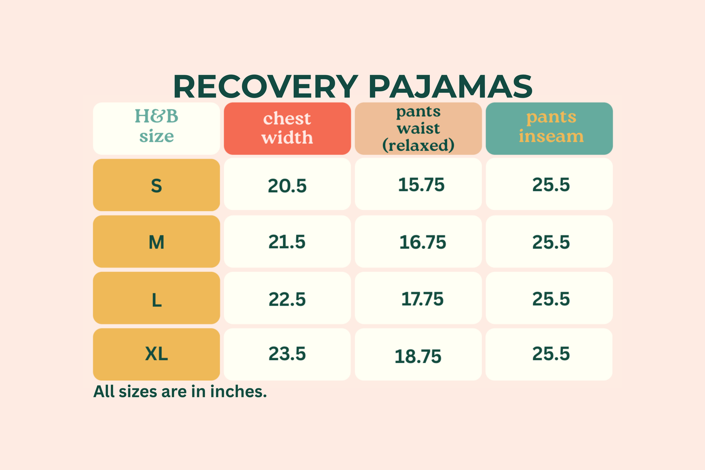 Size chart for recovery pajamas with measurements in inches on a light pink background.