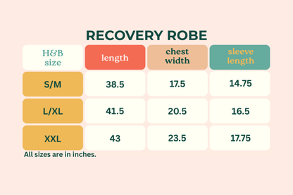 Size chart for recovery robes with dimensions in inches on a pink background