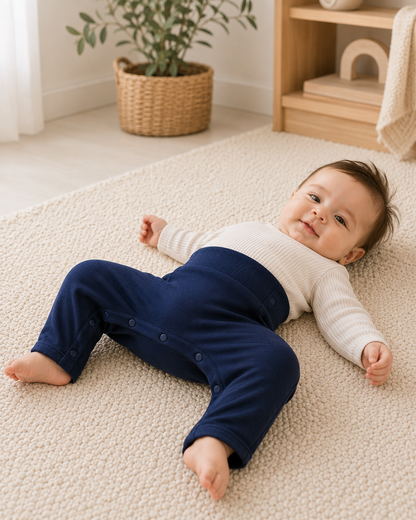 A baby lying on a cream-colored textured rug, wearing navy blue Pavlik brace adaptable pants and a cream ribbed long-sleeve top in a bright, modern nursery setting.
