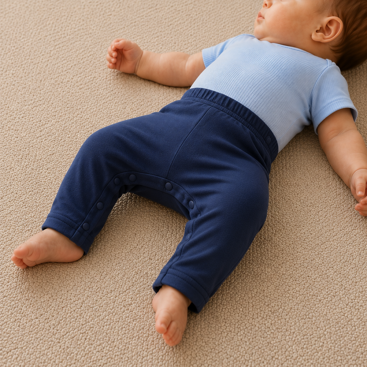 A baby lying on a beige carpet, wearing a light blue short-sleeve ribbed top and navy blue dysplasia pants with snap buttons at the crotch.