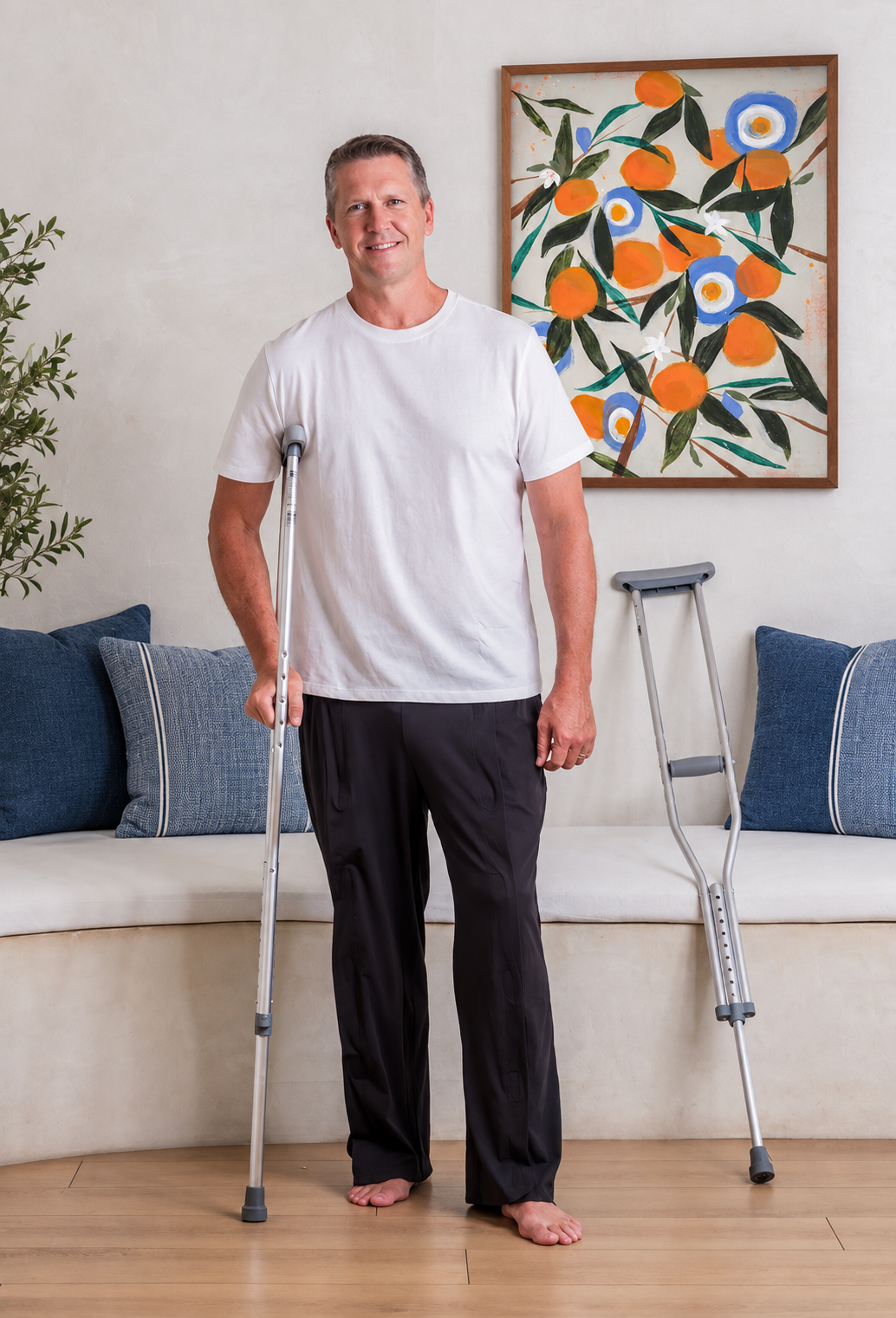 A man standing barefoot indoors holding a pair of forearm crutches, with a second crutch leaning against a bench behind him. He is wearing a white T-shirt and black breakaway pants, which are closed and you can't tell that they are adaptive when closed. He is in a bright living-room setting with blue pillows and framed wall art.