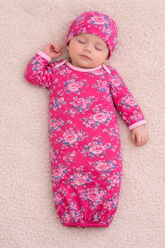 Baby in a pink floral outfit and hat lying on a beige surface