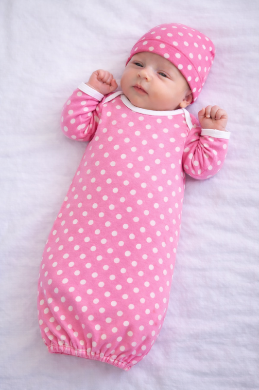 Baby wrapped in a pink polka dot swaddle and hat on a white background